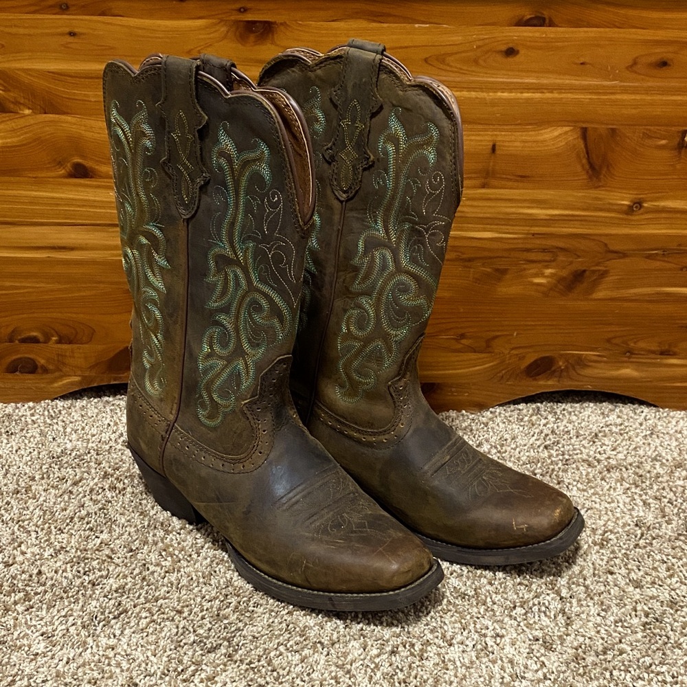 Justin Leather Cowboy Boots with Green Embroidery